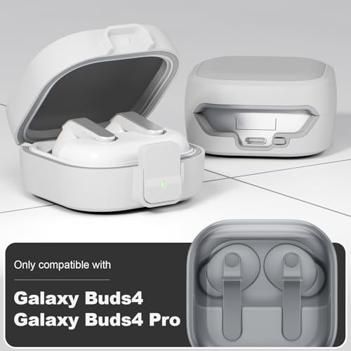 for Samsung Galaxy Buds 4 Pro/Buds 4 Case (2026) with Secure Safety Lock Clip,Shockproof Scratch-Resistant Hybrid PC+TPU Soft Shell Protective Cover Accessories with Carabiner&Cleaning Pen(White) - color: White Edge-Grey