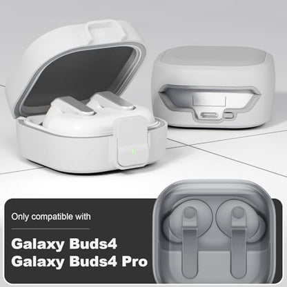 for Samsung Galaxy Buds 4 Pro/Buds 4 Case (2026) with Secure Safety Lock Clip,Shockproof Scratch-Resistant Hybrid PC+TPU Soft Shell Protective Cover Accessories with Carabiner&Cleaning Pen(White) - color: White Edge-Grey