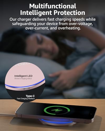 TOZO W1 New Anti-Slip Aircraft-Grade Aluminum Wireless Charger 15W Max Fast Wireless Charging Pad Compatible with iPhone 17/17 Pro/17 Pro Max/Air/16/15/14/SE Series, Samsung Galaxy S25/S24/S23, Pink