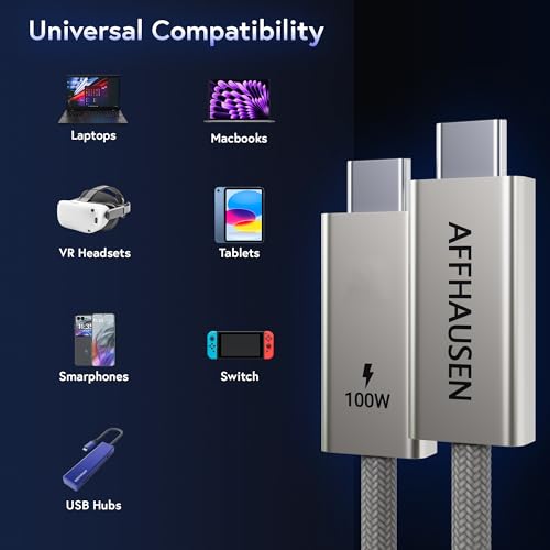 AFFHAUSEN USB-C to USB-C Cable 3ft (0.9m) 2-Pack, 100W, Braided White - size: 3FT