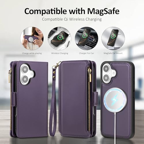 Antsturdy Compatible with MagSafe iPhone 17 Wallet Case,Purple | Detachable Magnetic Credit Card Holder,RFID Blocking,PU Leather Zipper Purse,Wrist Strap Kickstand,Flip Phone Cover for Women - color: (Detachable with Magsafe)-Purple
