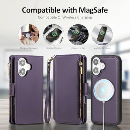 Antsturdy Compatible with MagSafe iPhone 17 Wallet Case,Purple | Detachable Magnetic Credit Card Holder,RFID Blocking,PU Leather Zipper Purse,Wrist Strap Kickstand,Flip Phone Cover for Women - color: (Detachable with Magsafe)-Purple