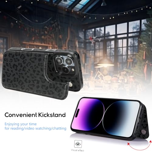 Compatible with iPhone 16 Pro Wallet Case with Card Holder, Back Flip Folio PU Leather Kickstand Card Slots Case for Women Girls, Double Magnetic Clasp Cover 6.3" (Black Leopard) - color: Black Leopard, size: iPhone 16 Pro 6.3 inch