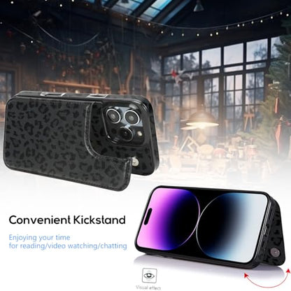 Compatible with iPhone 16 Pro Wallet Case with Card Holder, Back Flip Folio PU Leather Kickstand Card Slots Case for Women Girls, Double Magnetic Clasp Cover 6.3" (Black Leopard) - color: Black Leopard, size: iPhone 16 Pro 6.3 inch