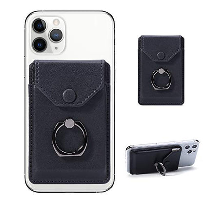 Self Adhesive Phone Card Wallet with Ring Stand Flip Cover, Black - color: Black