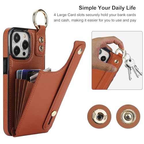 Folosu for iPhone 15 Pro Max Wallet Case with Card Holder, Hand Wrist Strap Loop Holder Kickstand, RFID Blocking Finger Grip Ring PU Leather Double Buttons Shockproof Cover 6.7" Brown - color: Brown