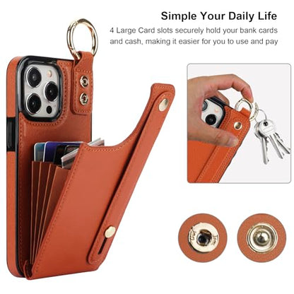 Folosu for iPhone 15 Pro Max Wallet Case with Card Holder, Hand Wrist Strap Loop Holder Kickstand, RFID Blocking Finger Grip Ring PU Leather Double Buttons Shockproof Cover 6.7" Brown - color: Brown