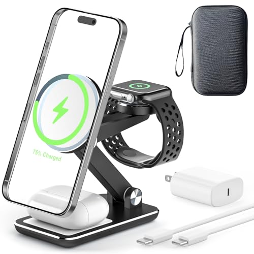 Wireless Charger 3 in 1,Foldable Wireless Charging Station for Apple MagSafe Charger,Aluminum Portable Magnetic Travel Charger Stand for iPhone,Watch,Aipods (with 20W Adapter & Case) - color: Black