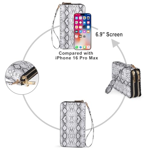 Double Zipper Wallet for Women That Hold Big Cell Phone with 17 Card Slots and Coin Pocket, RFID Blocking Anti Theft, Snakeskin - color: White Snakeskin