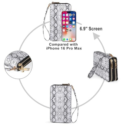 Double Zipper Wallet for Women That Hold Big Cell Phone with 17 Card Slots and Coin Pocket, RFID Blocking Anti Theft, Snakeskin - color: White Snakeskin