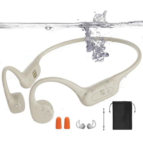 Bone Conduction Headphones IPX8 Waterproof Swimming Headphones Open Ear Headphones with MP3 Mode 32GB Memory 8H Playtime Bluetooth 5.4 Ear Buds Secure Fit (Apricot)