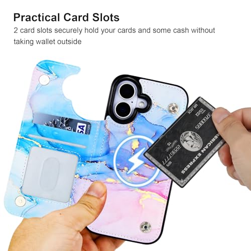 HAOPINSH Wallet Case for iPhone 17, Compatible with MagSafe Wireless Charging, Pink Blue Marble Pattern Back Flip Folio PU Leather Kickstand Card Slots Case Double Magnetic Clasp Cover 6.3" - color: Pink Blue Marble for MagSafe