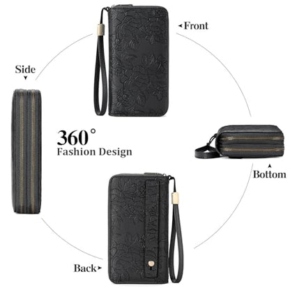 GAEKEAO RFID Leather Wristlet Wallet for Women with Grip Strap | Large capacity clutch wallet, credit card holder, wrist strap, zipper purse, travel and shopping - color: A12 Embossed Dark Black
