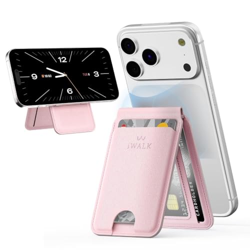 iWALK Stronger Magnetic Wallet, Upgraded for MagSafe Wallet, RFID Blocking, 5 Card Holder with Adjustable Stand, Slim Leather Phone Wallets for iPhone 17/16/15/14/13/12 Series, iPhone Wallets - color: Pink
