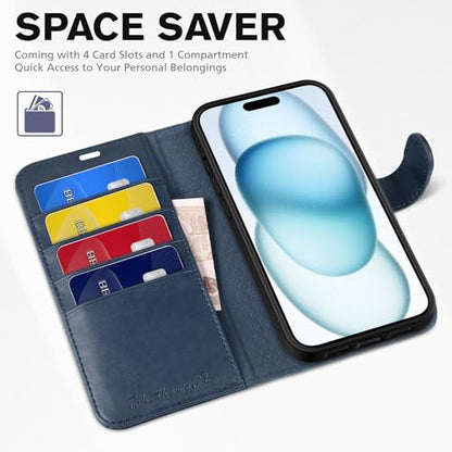 TUCCH Case Wallet for iPhone 15 (6.1") 2023, RFID Blocking Folio, Dark Blue | 4 Card Holders, Kickstand, PU Leather, Magnetic Closure, Shockproof TPU Shell, Protective Flip Cover - color: Dark Blue