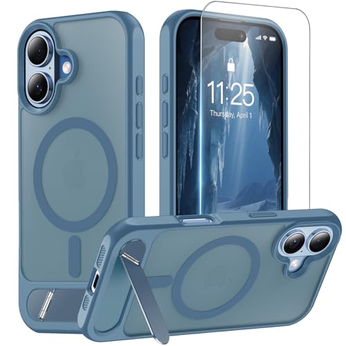 Magnetic for iPhone 16 Case with Stand Blue | (Screen Protector)(Compatible with MagSafe)(Military Grade Shockproof) Translucent Drop Protection Matte Slim Phone Case,6.1" - color: Blue, size: For IPhone 16