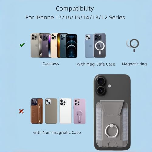 Magnetic Card Wallet Holder For Magsafe Wallets with Grip, 7 Cards Holder RFID Blocking, Ring Stand Stick on Wallet, Leather Magnetic Phone Wallet with Privacy Flap - color: Grey elastic circular support