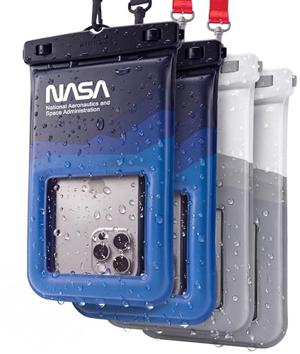 NASA Waterproof Phone Pouch with AirLock™ Seal (4 Pack, XL) | Underwater Touchscreen | Waterproof to 20m | Official NASA Insignia | K24 Floating Pouch | 40% Tougher PVC | Fits Big Phones - color: Stellar Blue & Lunar White (4 Pack), size: XL