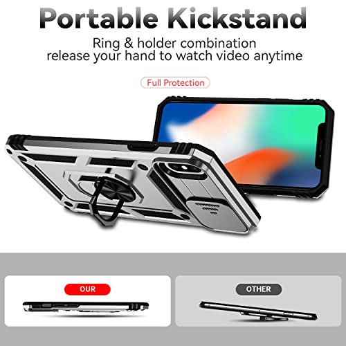 for iPhone XS Max Case with Camera Lens Cover HD Screen Protector, Dual Layer Military Grade Drop Protection Magnetic Ring Holder Kickstand Protective Phone Case for iPhone XS Max 6.5 inch (Silver) - color: Silver with camera cover Military-Grade 2nd gen