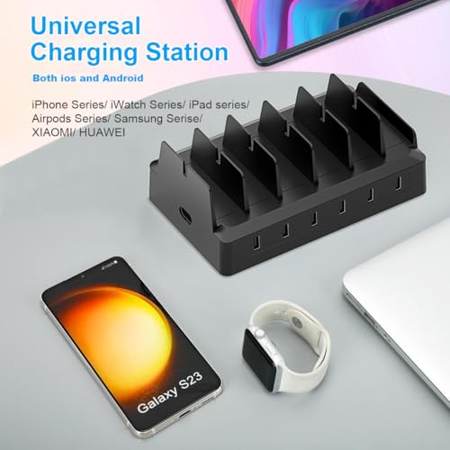 Charging Station for Multiple Devices, 6 Port USB Desktop Charger Dock Compatible with iPad, Samsung, Android, Tablet, Family Multi Phone Charging Organizer with Divider Holders, Fireproof ABS (Black)