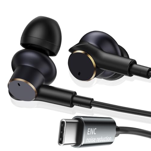 USB C Wired Headphones with Noise-Canceling Mic Powerful Bass In ear Earbud