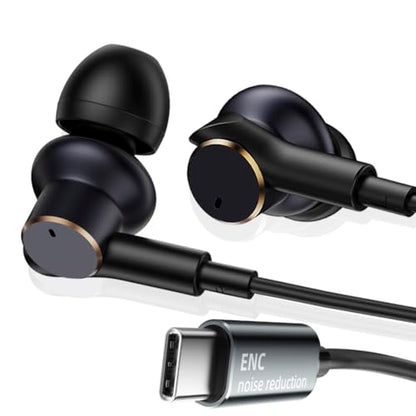 USB C Wired Headphones with Noise-Canceling Mic Powerful Bass In ear Earbud