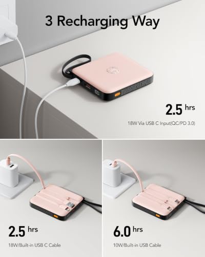 VRURC Portable Charger for iPhone Built-in Cables, Fast Charging Power Bank - color: Pink