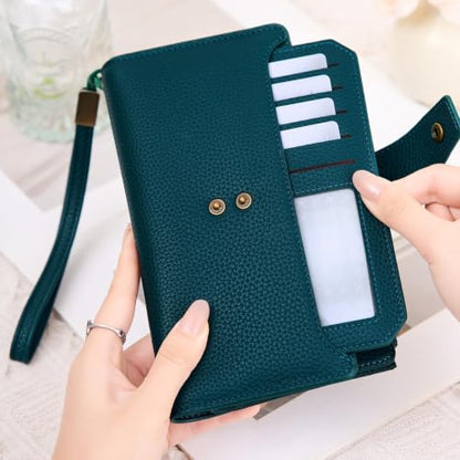 GAEKEAO Womens Wallet RFID Blocking Large Capacity Vegan Leather Card Holder Wristlet Clutch with 32 Card Slots 4 ID Windows - color: X02-Blue