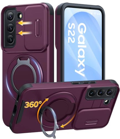 JAME for Samsung Galaxy S22 Case with Ring Stand & Slide Camera Cover - color: Dark Cherry, size: Galaxy S22