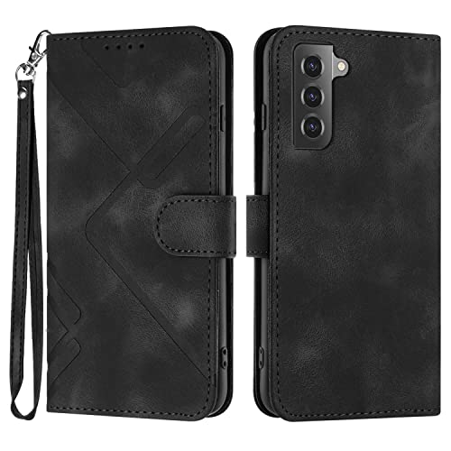for Samsung S21 Case Wallet Card Holder Strap (Black) | PU Leather Pattern, Card Slots, Cash Pocket, Kickstand, Magnetic Closure, Flip Cover, TPU Inner, Shockproof Protective - color: Black