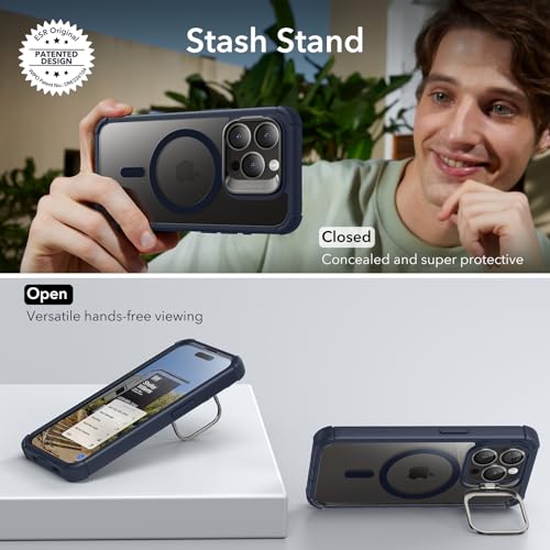 ESR for iPhone 15 Case with Stand, Compatible with MagSafe, Full-Body Military-Grade Drop Proof Case with Built-in 9H+ Tempered Glass Screen Protector, Armor Series, Clear Dark Blue - color: Clear Dark Blue