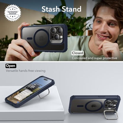 ESR for iPhone 15 Case with Stand, Compatible with MagSafe, Full-Body Military-Grade Drop Proof Case with Built-in 9H+ Tempered Glass Screen Protector, Armor Series, Clear Dark Blue - color: Clear Dark Blue