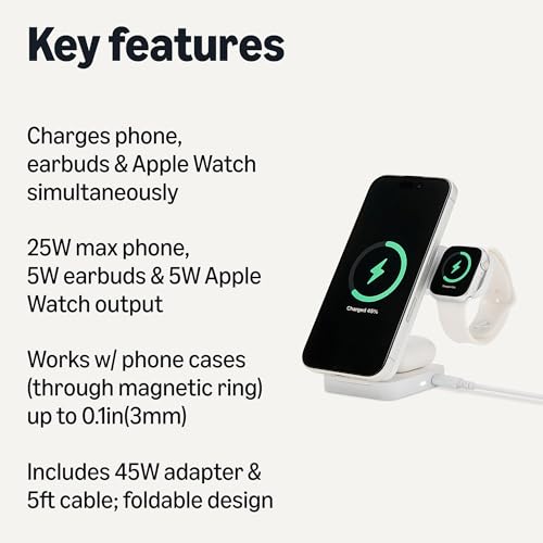 Amazon Basics MagSafe Compatible 25W Fast Charging Qi2.2 Certified 3-in-1 Wireless Charging Station, Foldable Stand for iPhone 17/16/15/14/13/12, Apple Watch, AirPods, with 45W Adapter, White - color: White
