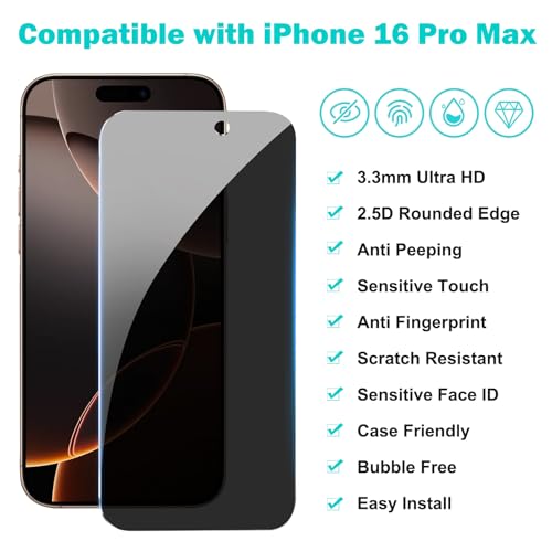 PEHAEL for iPhone 16 Pro Max Privacy Screen Protector+Camera Lens Protector | 3+3 Pack, Installation Frame, Cleaning kits, Anti-Spy Private, Anti-Scratch, 9H Tempered Glass, Case Friendly, [6.9 inch]