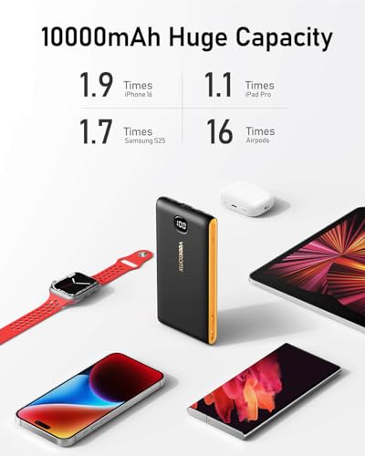 VEEKTOMX 10000mAh Portable Charger with Built-in Cables & Wall Plug - color: Dark Gray-Yellow
