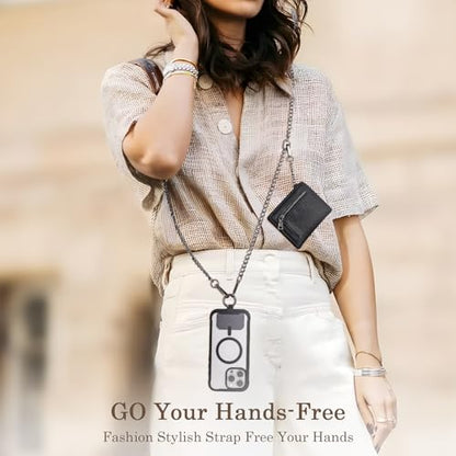 Diaclara Clip and Go Chain Phone Strap with Zipper Pouch- Stylish Crossbody Adjustable Chain Lanyard with Leather Wallet for All Phones, Silver - color: Chain Silver