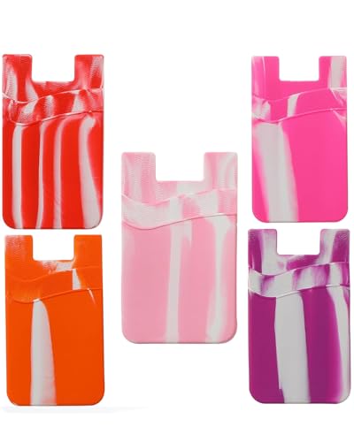 Silicone Card Holder for Phone Case, Stick On Wallet for iPhone - color: 5PC- Pink Color Scheme