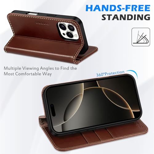 SHIELDON Genuine Leather Wallet Case for iPhone 16 Pro Max, Retro Coffee | Magnetic Closure, RFID Blocking, Credit Card Holder, Viewing Stand, Folio Design, Shockproof Protective Cover - color: Retro Coffee