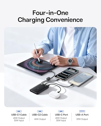 Baseus 45W Ultra Slim 10000mAh Power Bank Built-in USB-C Cables, CCC Certified Portable Charger, Travel Essential Fast Charging Pocket Size Phone Battery Pack for iPhone 18 17 16 Samsung S25 S24 iPad