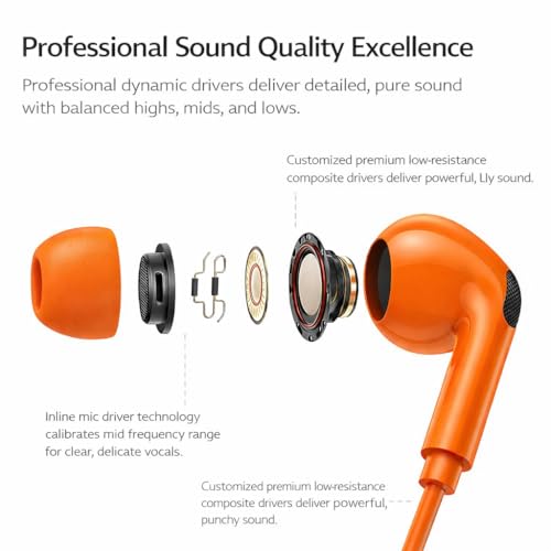 Wired in-Ear Earbuds with Microphone, 3.5mm Stereo Earphones with Soft Fit Ear Tips, Noise-Isolating Wired Headphones for Smartphones, Tablets, Laptops - Orange