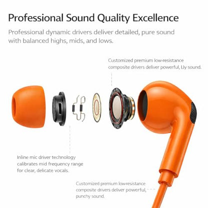 Wired in-Ear Earbuds with Microphone, 3.5mm Stereo Earphones with Soft Fit Ear Tips, Noise-Isolating Wired Headphones for Smartphones, Tablets, Laptops - Orange
