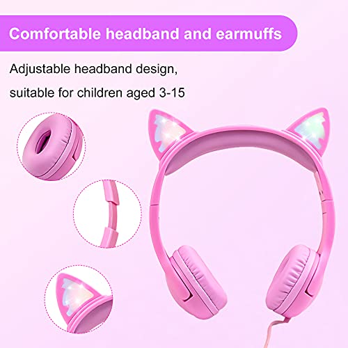 Olyre Kids Cat Ear Headphones, Girls Wired Headset, Audio Sharing Jack, Mic - color: All-Pink