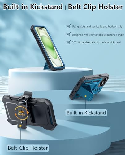 FNTCASE for iPhone 15 Case with Belt Clip and Built-in Screen Protector | Rugged Kickstand, 20FT Military-Grade Drop Protection, Full Body Heavy Duty Shockproof Holster, Hard Protective Cover - color: Blue