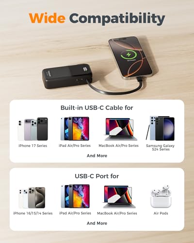 TESSAN Portable Charger Power Bank 10000mAh,3-in-1 Built in 30W USB C Cable