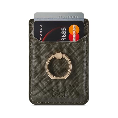 Card Holder Sleeve with Ring, RFID Credit Wallet PU Leather Stick On Back Grip for iPhone Samsung Smartphone - Army Green - color: Army Green