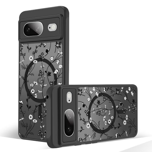 Magnetic Case for Google Pixel 8 [Compatible with MagSafe] Cute Black Flower Floral Pattern Case for Women Girls Soft TPU Bumper Hard PC Back Anti-Fall Shockproof Protective Slim Cover A10 - color: Flower Branch 3, size: Google Pixel 8