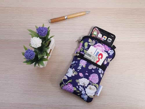 Tainada Neoprene Crossbody Zipper Neck Cellphone Case Pouch (Purple Floral) | Mini neoprene dual zip wallet purse bag; Water-resistant, shockproof, lightweight; Adjustable & detachable lanyard strap - color: Purple Floral