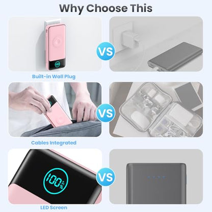 Portable Charger for iPhone with Built-in Cables and AC Wall Plug,26800mah Fast Charging USB C Power Bank,25W PD Travel Essential Battery Pack for iPhone 17/16/15/14/13,Galaxy,Apple Watch (Pink) - color: Pink