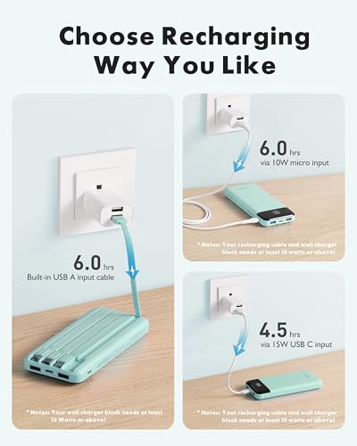 charmast 10000mAh Power Bank Portable Charger with 4 Built-in Cables - color: Qing