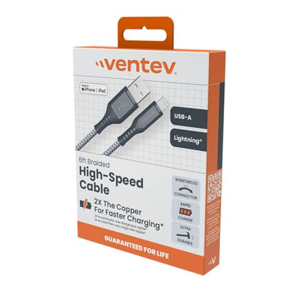 HIGH Speed USB A to Apple Lightning Braided Cable with 2X THE Copper for Faster Charging 6FT, Gray